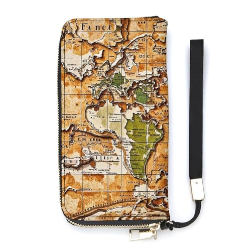 QWJKM Eine abgenutzte Weltkarten-Geldbörse aus Leder für Herren und Damen, schmal, vertikal, lange Geldbörse mit Reißverschluss, Kartenhalter, weiß, 20 x 10,5 cm, weiß, 20x10.5cm von QWJKM