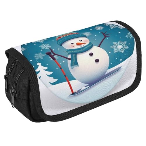 QWJKM Federmäppchen für Herren und Damen, Weihnachten, Skifahren, Schneemann, Schneeflocke, personalisierbar, große Kapazität, Federmäppchen, ästhetische Stifttasche, niedlicher Schreibtisch-Organizer von QWJKM