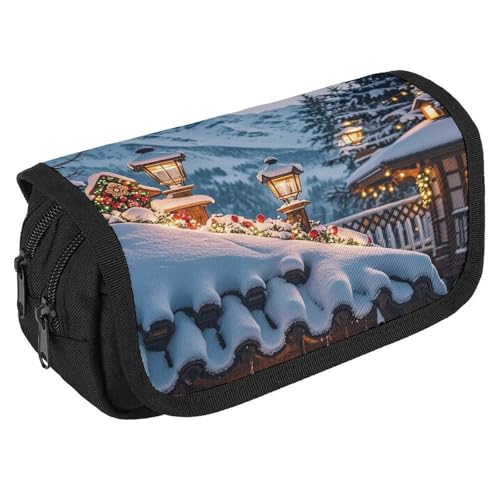 QWJKM Federmäppchen für Herren und Damen, Weihnachts-Schneedach, personalisierbar, große Kapazität, Federmäppchen, ästhetische Stifttasche, niedlicher Schreibtisch-Organizer für Bürobedarf, weiß, von QWJKM