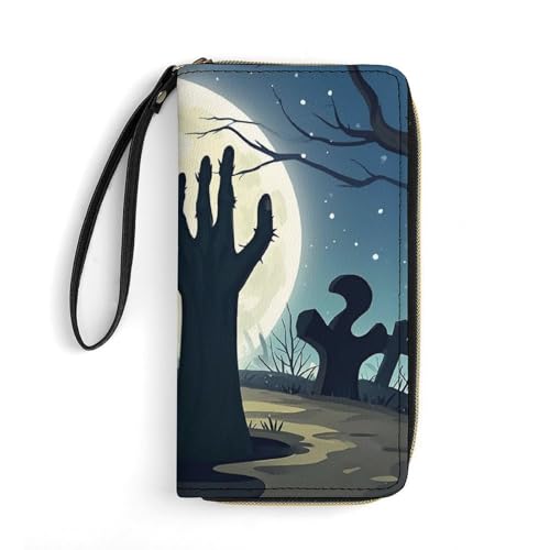 QWJKM Friedhofs-Geister-Handgeldbörse aus Leder für Herren und Damen, schmal, vertikal, lange Geldbörse mit Reißverschluss, Kartenhalter, weiß, 19,7 x 10,5 cm, weiß, 19.7x10.5cm von QWJKM