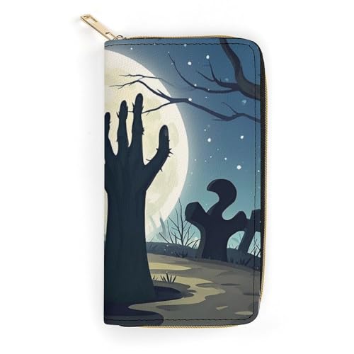 QWJKM Friedhofs-Geister-Handgeldbörse aus Leder für Herren und Damen, schmal, vertikal, lange Geldbörse mit Reißverschluss, Kartenhalter, weiß, 19,7 x 10,5 cm, weiß, 19.7x10.5cm von QWJKM