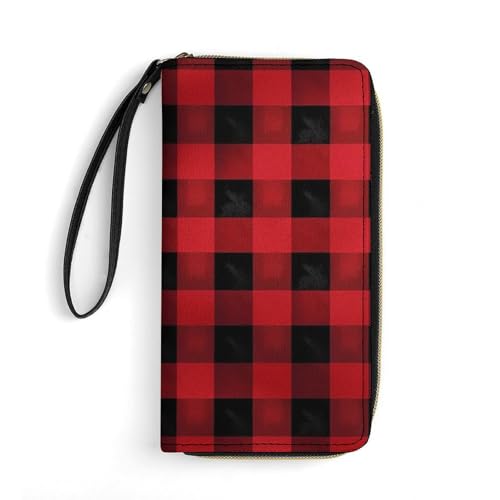 QWJKM Geldbörse aus Büffelkaro-Leder für Herren und Damen, schmal, vertikal, lang, mit Reißverschluss, Kartenhalter, weiß, 19,7 x 10,5 cm, Rot / Schwarz, weiß, 19.7x10.5cm von QWJKM