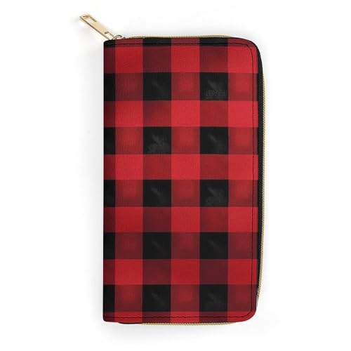 QWJKM Geldbörse aus Büffelkaro-Leder für Herren und Damen, schmal, vertikal, lang, mit Reißverschluss, Kartenhalter, weiß, 19,7 x 10,5 cm, Rot / Schwarz, weiß, 19.7x10.5cm von QWJKM