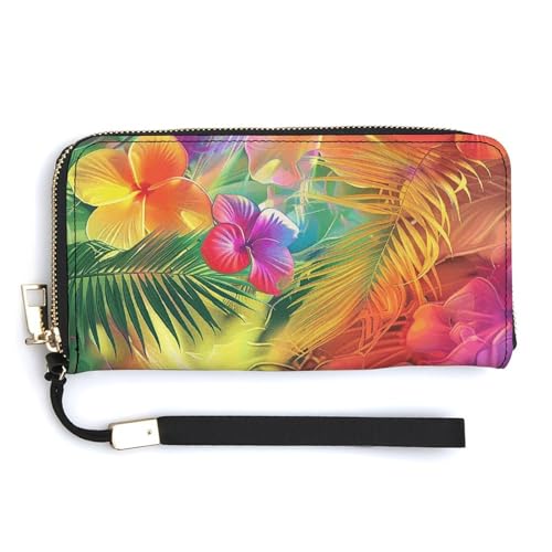QWJKM Geldbörse aus Leder mit Blumen und Palmblättern, Uni, schlankes Muster, lange Geldbörsen, Kartenhalter mit Reißverschluss, weiß, 20 x 10,5 cm, weiß, 20.0*10.5cm von QWJKM