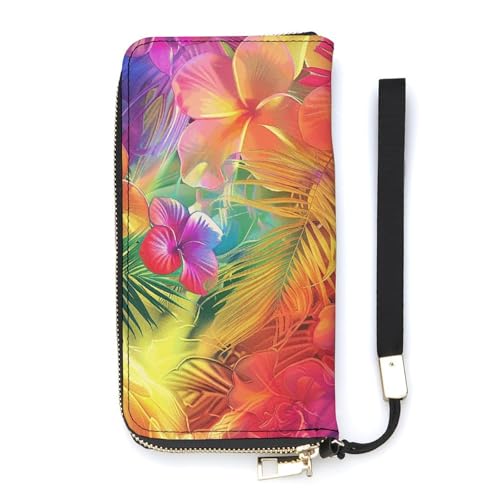 QWJKM Geldbörse aus Leder mit Blumen und Palmblättern für Herren und Damen, schmal, vertikal, lange Geldbörse mit Reißverschluss, Kartenhalter, weiß, 20 x 10,5 cm, weiß, 20x10.5cm von QWJKM