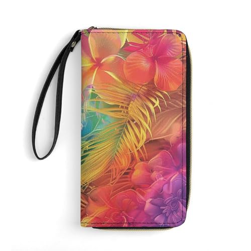 QWJKM Geldbörse aus Leder mit Blumen und Palmenblättern, für Herren und Damen, schmal, vertikal, lange Geldbörse mit Reißverschluss, Kartenhalter, weiß, 19,7 x 10,5 cm, weiß, 19.7x10.5cm von QWJKM