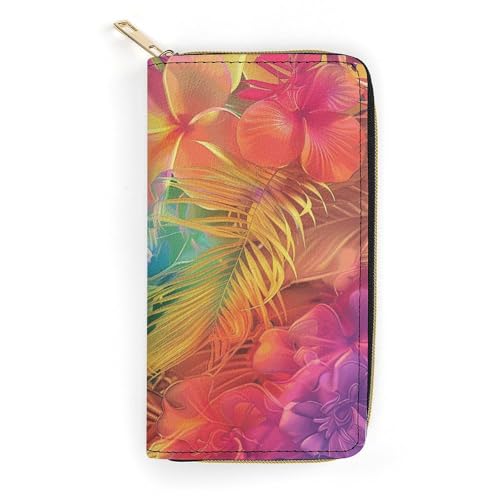 QWJKM Geldbörse aus Leder mit Blumen und Palmenblättern, für Herren und Damen, schmal, vertikal, lange Geldbörse mit Reißverschluss, Kartenhalter, weiß, 19,7 x 10,5 cm, weiß, 19.7x10.5cm von QWJKM