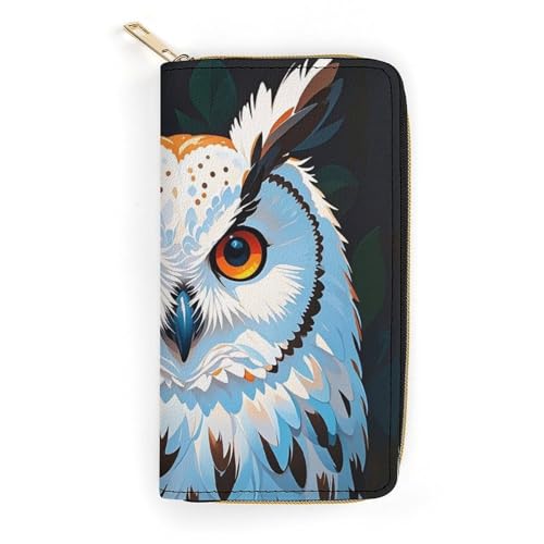 QWJKM Geldbörse aus Leder mit Eulen-Motiv, für Herren und Damen, schmal, vertikal, lange Geldbörse mit Reißverschluss, Kartenhalter, weiß, 19,7 x 10,5 cm, weiß, 19.7x10.5cm von QWJKM