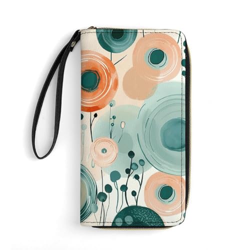 QWJKM Geldbörse aus Leder mit Kreisen und Blumen, für Herren und Damen, schmal, vertikal, lang, mit Reißverschluss, Kartenhalter, weiß, 19,7 x 10,5 cm, weiß, 19.7x10.5cm von QWJKM