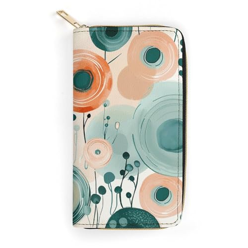 QWJKM Geldbörse aus Leder mit Kreisen und Blumen, für Herren und Damen, schmal, vertikal, lang, mit Reißverschluss, Kartenhalter, weiß, 19,7 x 10,5 cm, weiß, 19.7x10.5cm von QWJKM