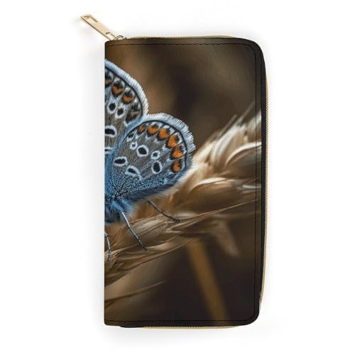 QWJKM Geldbörse aus Leder mit Schmetterling auf Pflanze, für Herren und Damen, schmal, vertikal, lange Geldbörse mit Reißverschluss, Kartenhalter, weiß, 19,7 x 10,5 cm, weiß, 19.7x10.5cm von QWJKM