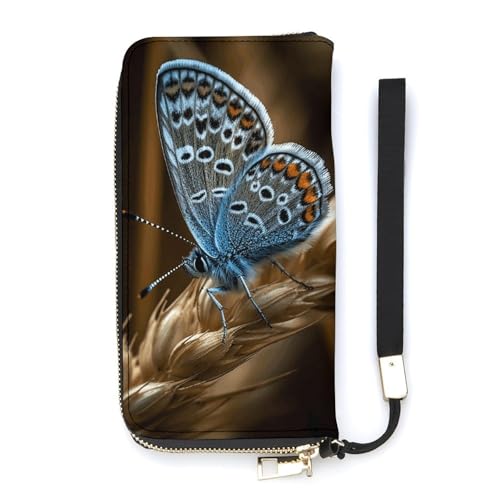 QWJKM Geldbörse aus Leder mit Schmetterling auf Pflanze, für Herren und Damen, schmal, vertikal, lange Geldbörse mit Reißverschluss, Kartenhalter, weiß, 20 x 10,5 cm, weiß, 20x10.5cm von QWJKM