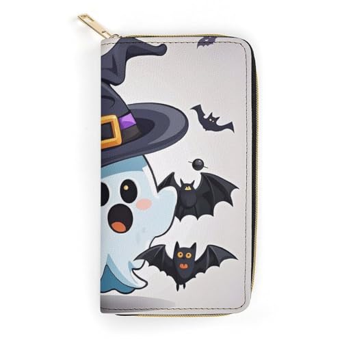 QWJKM Halloween Ghost Geldbörse aus Leder für Herren und Damen, schmal, vertikal, lange Geldbörse mit Reißverschluss, Kartenhalter, weiß, 19,7 x 10,5 cm, weiß, 19.7x10.5cm von QWJKM
