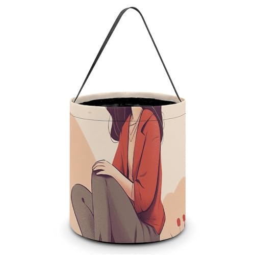 QWJKM Halloween Süßigkeitenbeutel mit Griffen, Frauen, die auf dem Boden sitzen, Halloween-Tragetasche, Süßigkeitenbeutel, Süßigkeitentüten für Halloween-Party, 20 x 21 cm, Weiß, 20 x 21 cm, weiß, von QWJKM