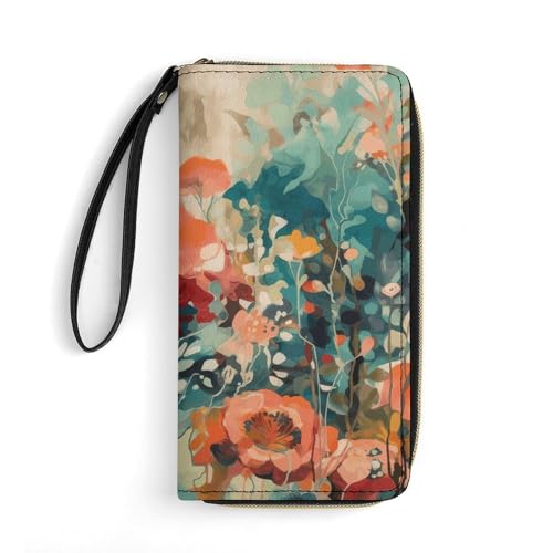 QWJKM Handgezeichnete Geldbörse aus Leder mit Blumenmuster für Herren und Damen, schmale vertikale Geldbörse, lange Geldbörse mit Reißverschluss, Kartenhalter, weiß, 19,7 x 10,5 cm, weiß, 19.7x10.5cm von QWJKM