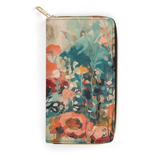 QWJKM Handgezeichnete Geldbörse aus Leder mit Blumenmuster für Herren und Damen, schmale vertikale Geldbörse, lange Geldbörse mit Reißverschluss, Kartenhalter, weiß, 19,7 x 10,5 cm, weiß, 19.7x10.5cm von QWJKM