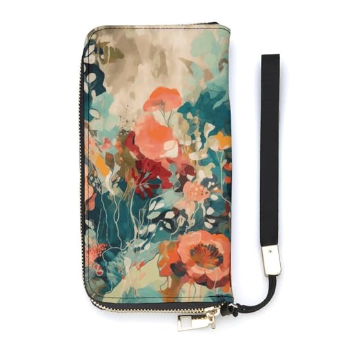 QWJKM Handgezeichnete Geldbörse aus Leder mit Blumenmuster für Herren und Damen, schmale vertikale Geldbörse, lange Geldbörse mit Reißverschluss, Kartenhalter, weiß, 20 x 10,5 cm, weiß, 20x10.5cm von QWJKM