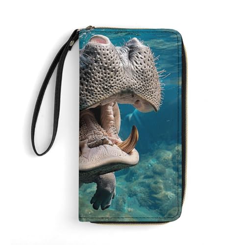QWJKM Hippopotamus Unterwasser-Geldbörse aus Leder für Herren und Damen, schmal, vertikal, lange Geldbörse mit Reißverschluss, Kartenhalter, Weiß, 19,7 x 10,5 cm, weiß, 19.7x10.5cm von QWJKM