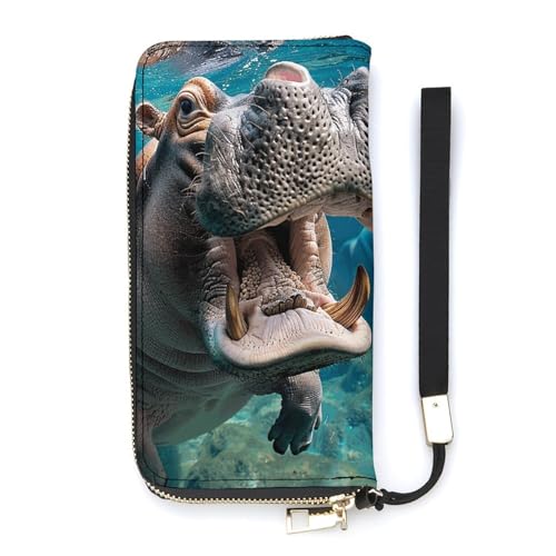 QWJKM Hippopotamus Unterwasser-Geldbörse aus Leder für Herren und Damen, schmal, vertikal, lange Geldbörse mit Reißverschluss, Kartenhalter, Weiß, 20 x 10,5 cm, weiß, 20x10.5cm von QWJKM