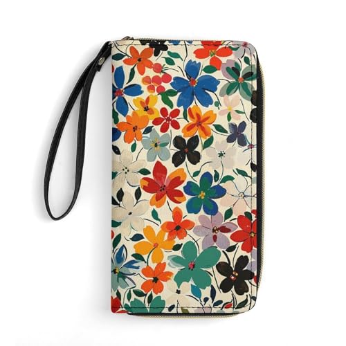 QWJKM Kleine Geldbörse aus Leder mit Blumenmuster für Herren und Damen, schmal, vertikal, lange Geldbörse mit Reißverschluss, Kartenhalter, weiß, 19,7 x 10,5 cm, weiß, 19.7x10.5cm von QWJKM