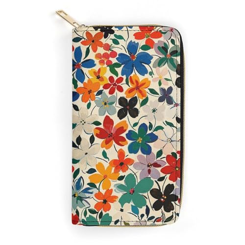 QWJKM Kleine Geldbörse aus Leder mit Blumenmuster für Herren und Damen, schmal, vertikal, lange Geldbörse mit Reißverschluss, Kartenhalter, weiß, 19,7 x 10,5 cm, weiß, 19.7x10.5cm von QWJKM