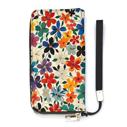 QWJKM Kleine Geldbörse aus Leder mit Blumenmuster für Herren und Damen, schmal, vertikal, lange Geldbörse mit Reißverschluss, Kartenhalter, weiß, 20 x 10,5 cm, weiß, 20x10.5cm von QWJKM