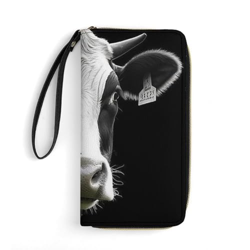 QWJKM Lustige Geldbörse mit Kuhkopf, Leder, für Herren und Damen, schmal, vertikal, lange Geldbörse mit Reißverschluss, Kartenhalter, weiß, 19,7 x 10,5 cm, weiß, 19.7x10.5cm von QWJKM