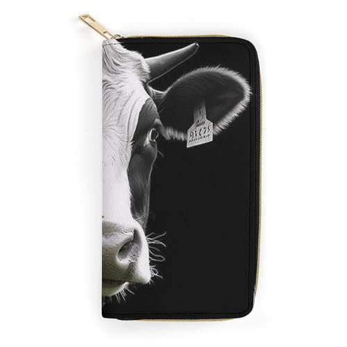 QWJKM Lustige Geldbörse mit Kuhkopf, Leder, für Herren und Damen, schmal, vertikal, lange Geldbörse mit Reißverschluss, Kartenhalter, weiß, 19,7 x 10,5 cm, weiß, 19.7x10.5cm von QWJKM