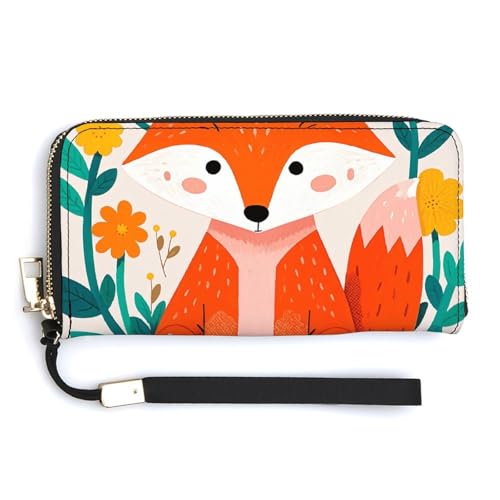 QWJKM Niedliche Geldbörse aus Leder mit Fuchs und Blumen, Uni, schlankes Muster, lange Geldbörsen, Kartenhalter mit Reißverschluss, weiß, 20 x 10,5 cm, weiß, 20.0*10.5cm von QWJKM