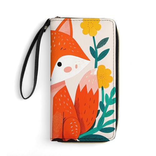 QWJKM Niedliche Geldbörse aus Leder mit Fuchs und Blumen, schmal, vertikal, lange Geldbörse mit Reißverschluss, Kartenhalter, weiß, 19,7 x 10,5 cm, weiß, 19.7x10.5cm von QWJKM