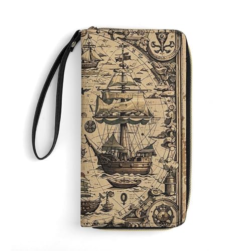 QWJKM Schatzkarte, maritimes Piraten-Leder, Geldbörse für Herren und Damen, schmal, vertikal, lange Geldbörse mit Reißverschluss, Kartenhalter, weiß, 19,7 x 10,5 cm, weiß, 19.7x10.5cm von QWJKM