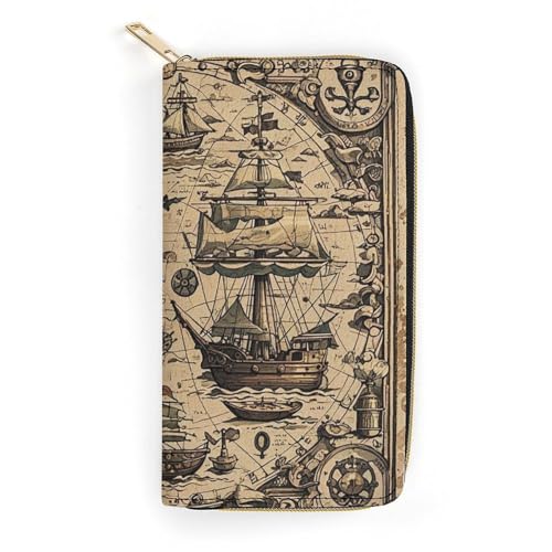 QWJKM Schatzkarte, maritimes Piraten-Leder, Geldbörse für Herren und Damen, schmal, vertikal, lange Geldbörse mit Reißverschluss, Kartenhalter, weiß, 19,7 x 10,5 cm, weiß, 19.7x10.5cm von QWJKM