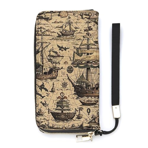 QWJKM Schatzkarte, maritimes Piraten-Leder, Geldbörse für Herren und Damen, schmal, vertikal, lange Geldbörse mit Reißverschluss, Kartenhalter, weiß, 20 x 10,5 cm, weiß, 20x10.5cm von QWJKM