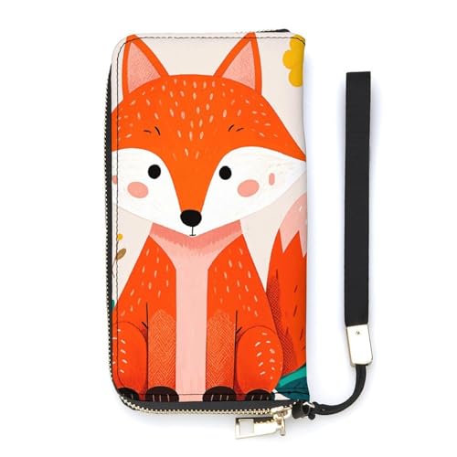 QWJKM Süße Geldbörse aus Leder mit Fuchs-Blumen für Herren und Damen, schmal, vertikal, lange Geldbörse mit Reißverschluss, Kartenhalter, weiß, 20 x 10,5 cm, weiß, 20x10.5cm von QWJKM