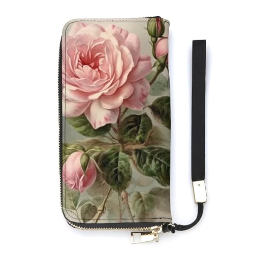 QWJKM Vintage Rose Leder Geldbörse für Herren und Damen, schmal, vertikale Geldbörse, lange Geldbörse mit Reißverschluss, Kartenhalter, weiß, 20 x 10,5 cm, weiß, 20x10.5cm von QWJKM