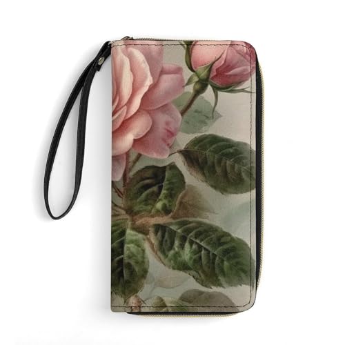 QWJKM Vintage Rose Leder Geldbörse für Herren und Damen, schmale vertikale Geldbörse, lange Geldbörse mit Reißverschluss, Kartenhalter, weiß, 19,7 x 10,5 cm, weiß, 19.7x10.5cm von QWJKM
