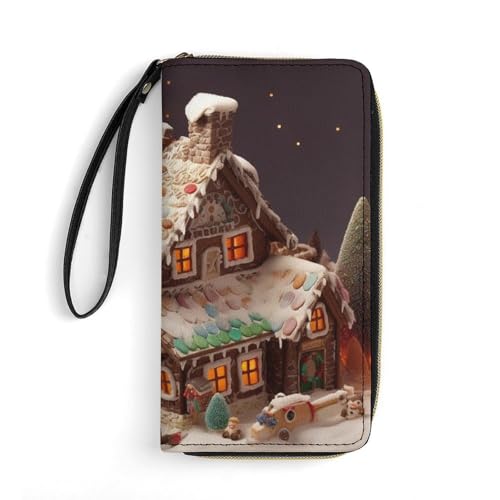 QWJKM Weihnachts-Dorfhaus-Geldbörse aus Leder für Herren und Damen, schmal, vertikal, lange Geldbörse mit Reißverschluss, Kartenhalter, weiß, 19,7 x 10,5 cm, weiß, 19.7x10.5cm von QWJKM