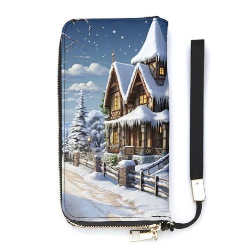 QWJKM Weihnachts-Winter-Geldbörse aus Leder für Herren und Damen, schmal, vertikal, lange Geldbörse mit Reißverschluss, Kartenhalter, weiß, 20 x 10,5 cm, weiß, 20x10.5cm von QWJKM