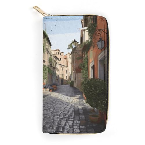 QWNMD Leder Geldbörsen für Frauen Street of Italy Bedruckte Geldbörse Geldbörse Kartenhalter mit Reißverschluss Leder Clutch Wallet Street of Italy 19,8 x 10,4 x 3,6 cm Modern, Street of Italy, 7.8 x von QWNMD