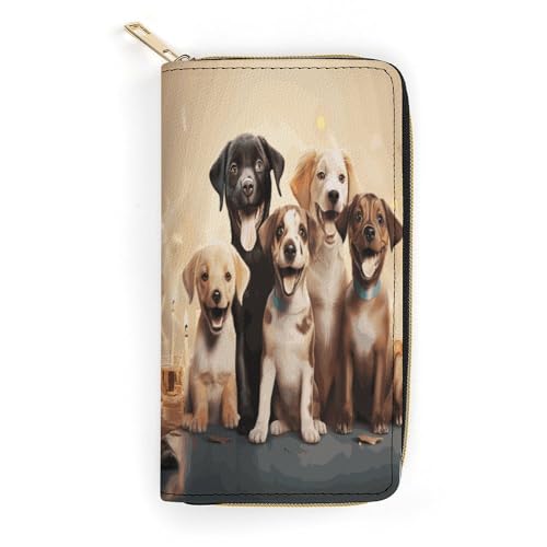 QWNMD Ledergeldbörsen für Frauen Hunde Happy Party Bedruckte Geldbörse Kartenhalter mit Reißverschluss Leder Clutch Geldbörse Hunde Happy Party 19,8 x 10,4 x 3,6 cm Modern, Dogs Happy Party, 7.8 x 4.1 von QWNMD