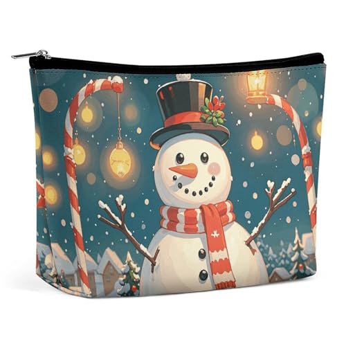 QWNMD Make-up-Tasche, Kosmetiktasche, Lippenstift-Beutel, Reißverschluss, Motiv: Frohe Weihnachten, schöner Schneemann, bedruckter Organizer, tragbarer Kulturbeutel, Zubehör, Merry Christmas, schöner von QWNMD