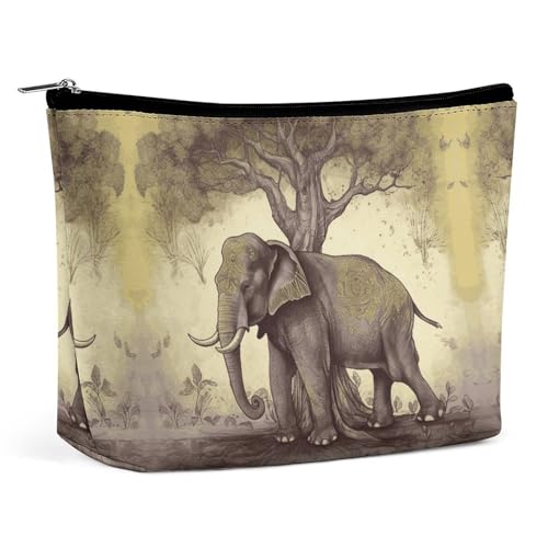 QWNMD Make-up-Tasche, Kosmetiktasche, Lippenstift-Beutel, Reißverschluss, asiatischer Elefant mit Baum, bedruckter Organizer, tragbarer Kulturbeutel, Zubehör, asiatischer Elefant mit Baum, 17 x 15 x von QWNMD