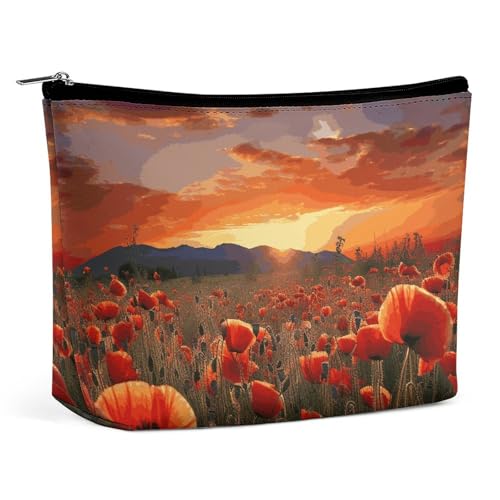 QWNMD Make-up-Tasche, Kosmetiktasche, Lippenstift-Beutel, Reißverschluss, rotes Mohnblumenfeld bei Sonnenuntergang, bedruckter Organizer, tragbarer Kulturbeutel, Zubehör, rotes Mohnblumenfeld bei von QWNMD