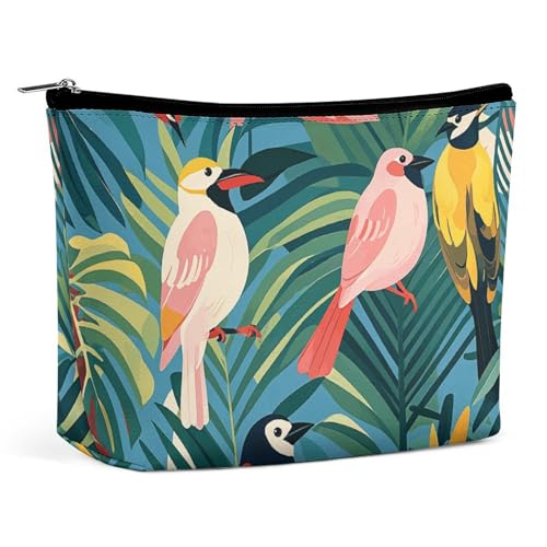 QWNMD Make-up-Tasche, Kosmetiktasche, Lippenstift-Beutel, Reißverschluss, tropische Vögel und Pflanzenblätter, bedruckt, Organizer, tragbare Kulturbeutel, Zubehör, tropische Vögel und Pflanzenblätter, von QWNMD