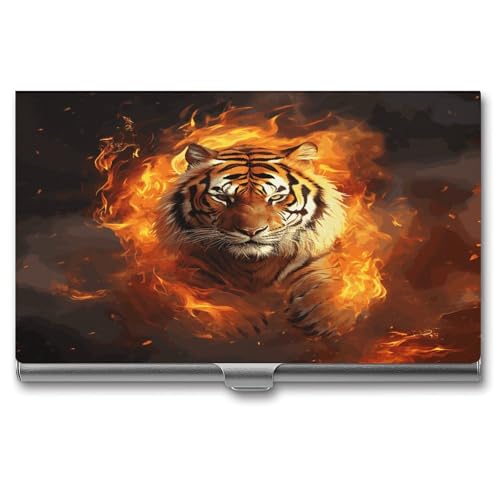 QWNMD Visitenkartenetui Box Schnalle Stil Shut Metall Visitenkartenhalter Cool Tiger in Flameprint Slim Wallet Namenskartenhalter für Visitenkarten Männer Frauen, Cooler Tiger in Flamme von QWNMD