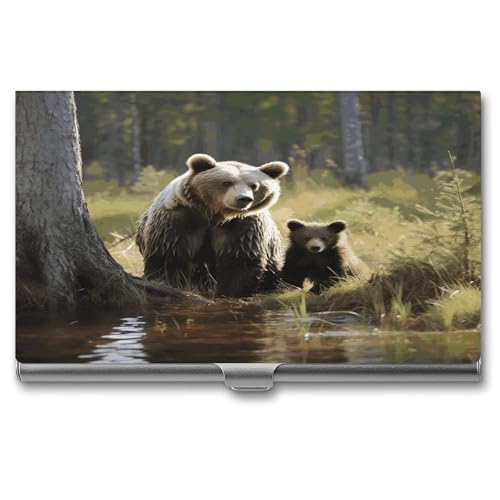 QWNMD Visitenkartenetui Box Schnalle Stil Shut Metall Visitenkartenhalter Mutter Braun Bären Geschützt Gedruckt Slim Geldbörse Namenskartenhalter für Visitenkarten Männer Frauen, Mother Brown Bears von QWNMD