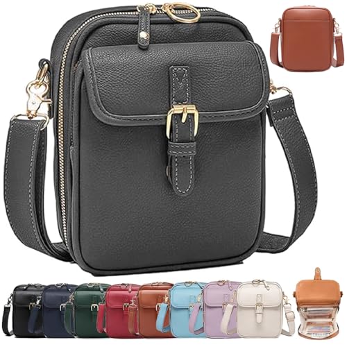 Forcipower Leather Crossbody Purse, Anti-Theft Vintage Shoulder Bag with 10 Card Slots, Large Capacity with Adjustable Strap (Gray) von QWSYGH