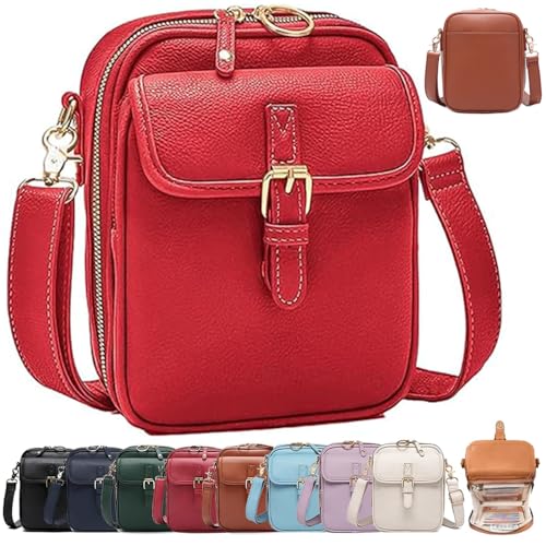 Forcipower Leather Crossbody Purse, Anti-Theft Vintage Shoulder Bag with 10 Card Slots, Large Capacity with Adjustable Strap (Red) von QWSYGH