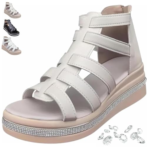 QWSYGH Rhinestone Decor Wedge Sandals, Orthopedic Platform Sandals for Women with Arch Support Open Toe Casual Wedge Sandal (Beige,40.5) von QWSYGH
