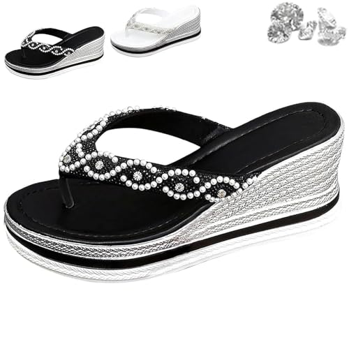 QWSYGH Sandals for Women Sparkly Wedge Heel Elegant Platform Flip Flops Thick Sole Rhinestones Boho Beach Sandal (Black,41) von QWSYGH